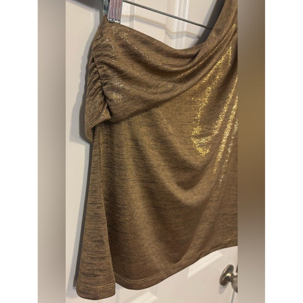 Lauren Ralph Lauren Metallic One Shoulder Gold Shimmer Draped Cocktail Blouse Lg - Picture 6 of 9